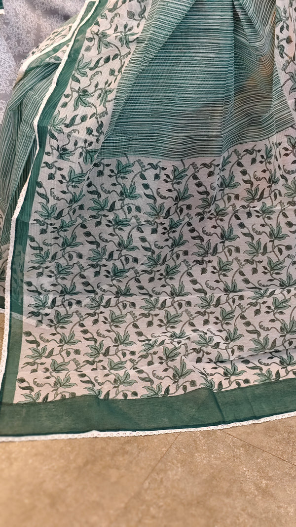Teal and off white block printed net kota saree
