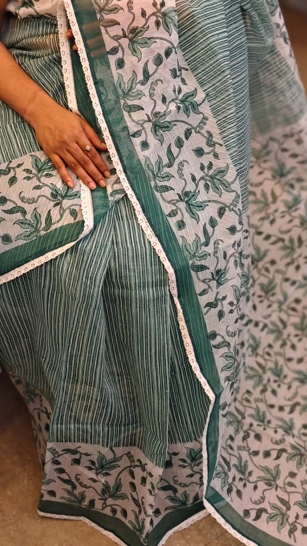 Teal and off white block printed net kota saree