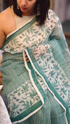 Teal and off white block printed net kota saree