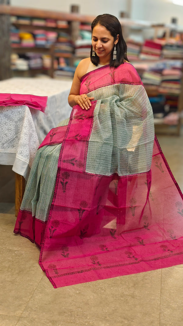 Green and magenta block printed net kota saree