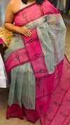 Green and magenta block printed net kota saree