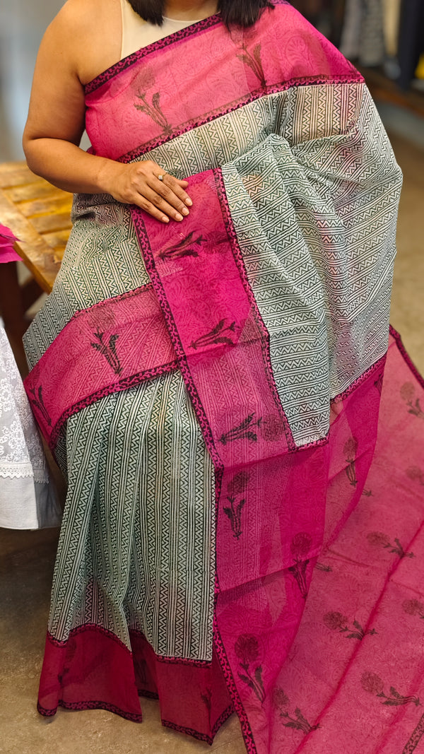 Green and magenta block printed net kota saree