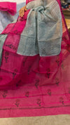 Green and magenta block printed net kota saree