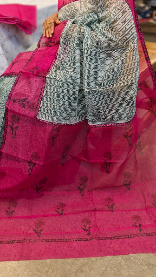 Green and magenta block printed net kota saree