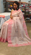Baby pink net kota saree with applique embroidery