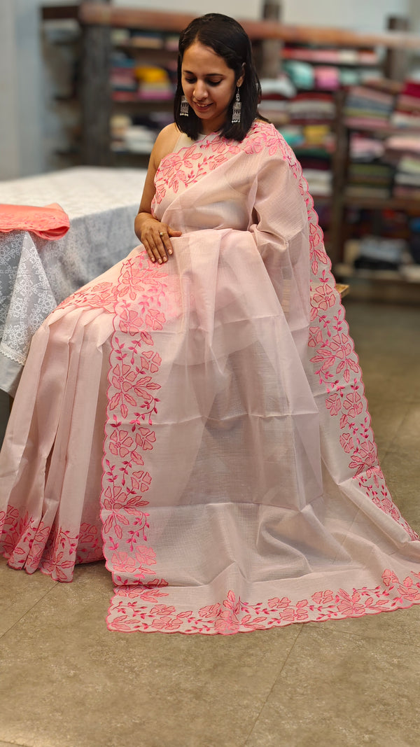Baby pink net kota saree with applique embroidery