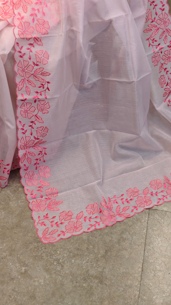 Baby pink net kota saree with applique embroidery