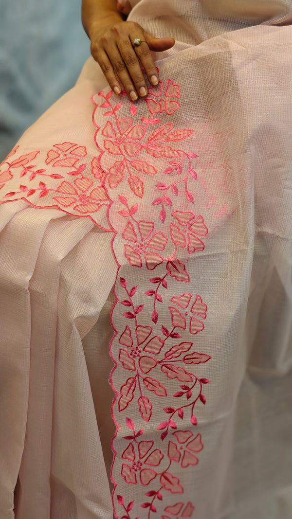 Baby pink net kota saree with applique embroidery