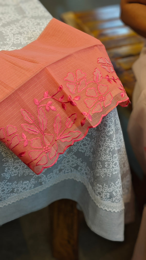 Baby pink net kota saree with applique embroidery