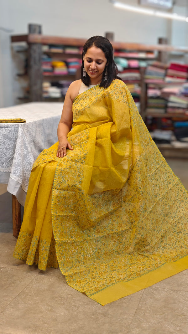 Mustard net kota block printed saree