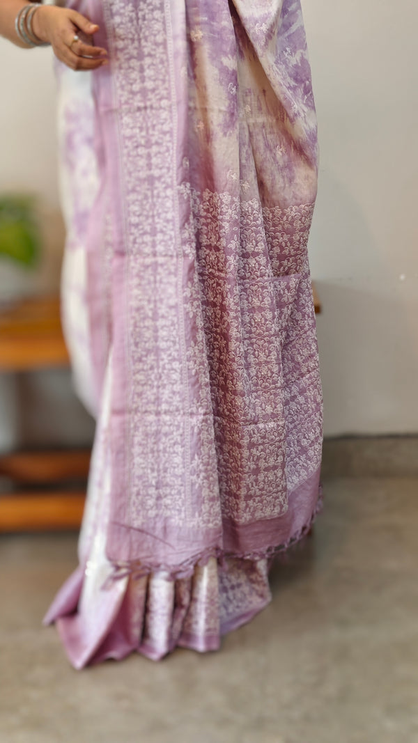 GR78 - Off white and lavender shibori printed tussar silk saree