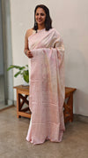 GR78 - Pink and off white shibori printed tussar silks saree