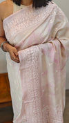 GR78 - Pink and off white shibori printed tussar silks saree