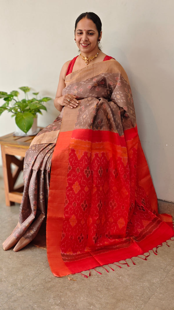 TRH23 Taupe and Red Raw silk Saree