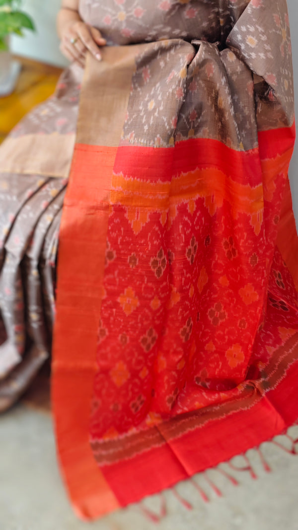 TRH23 Taupe and Red Raw silk Saree