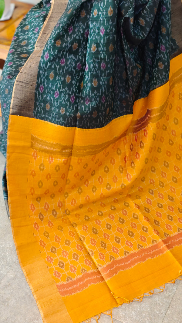 TRH23 Dark Green and Yellow Raw Silk Saree