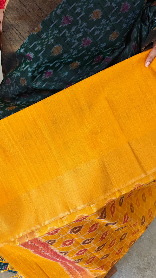 TRH23 Dark Green and Yellow Raw Silk Saree