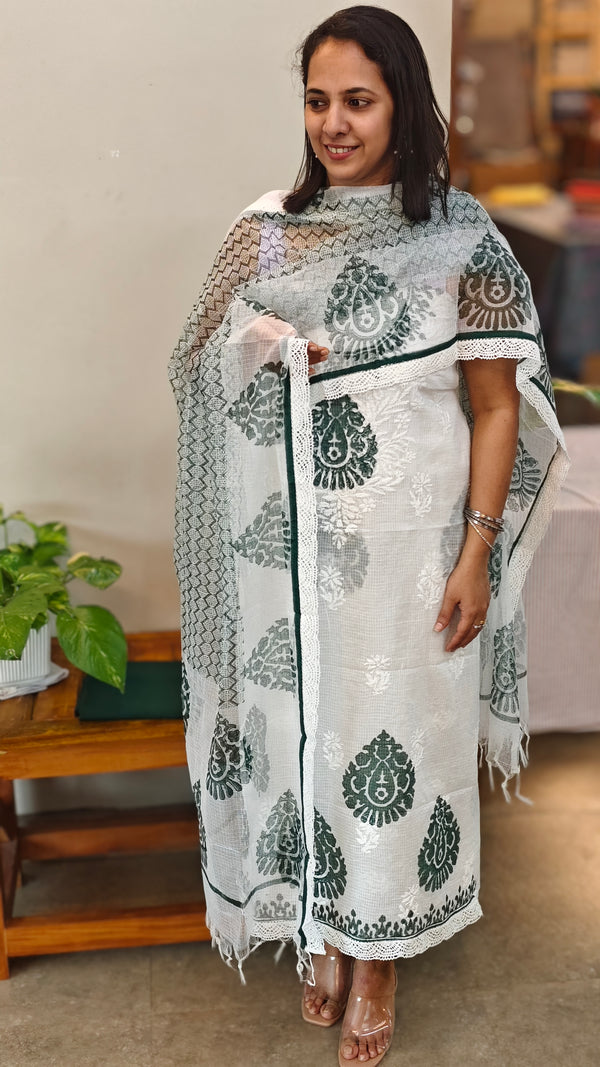 White and green net kota chikankari suit
