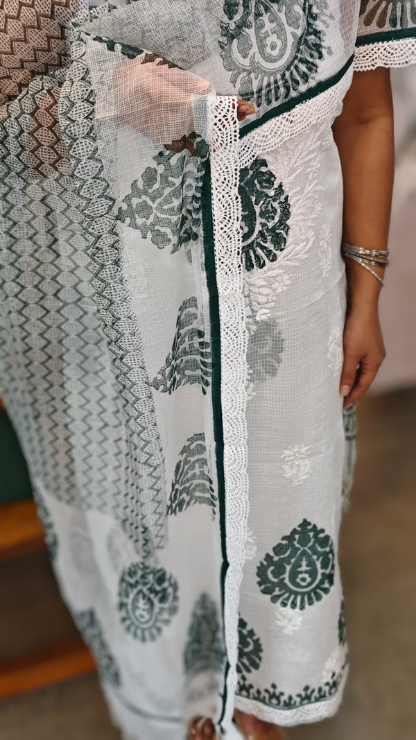 White and green net kota chikankari suit