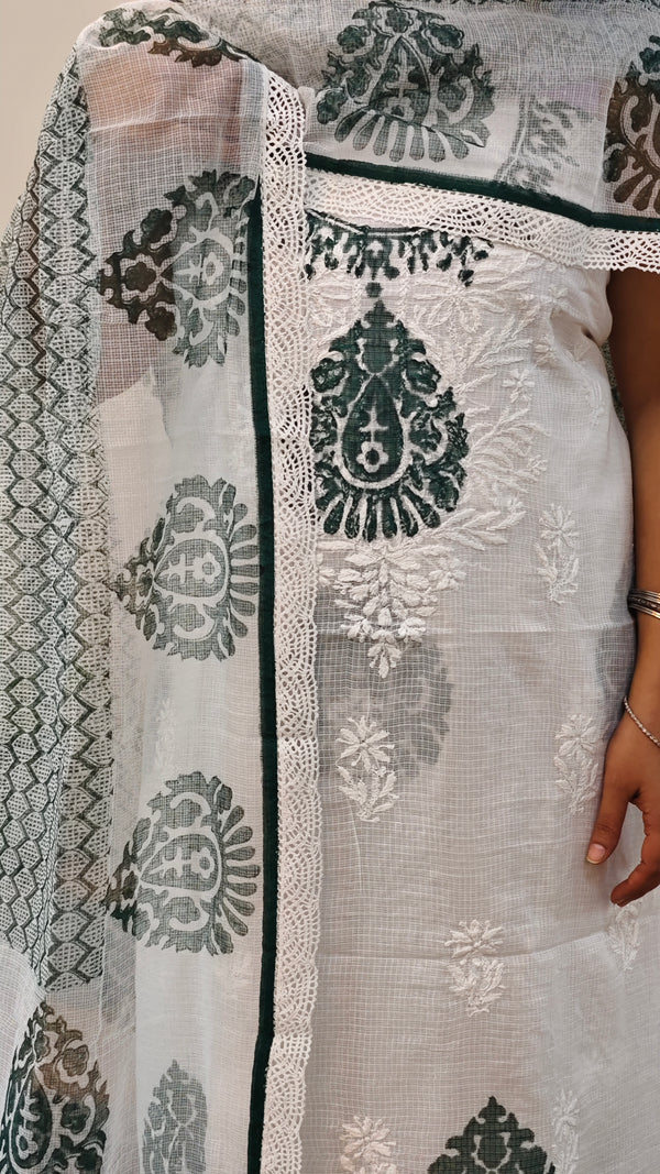 White and green net kota chikankari suit