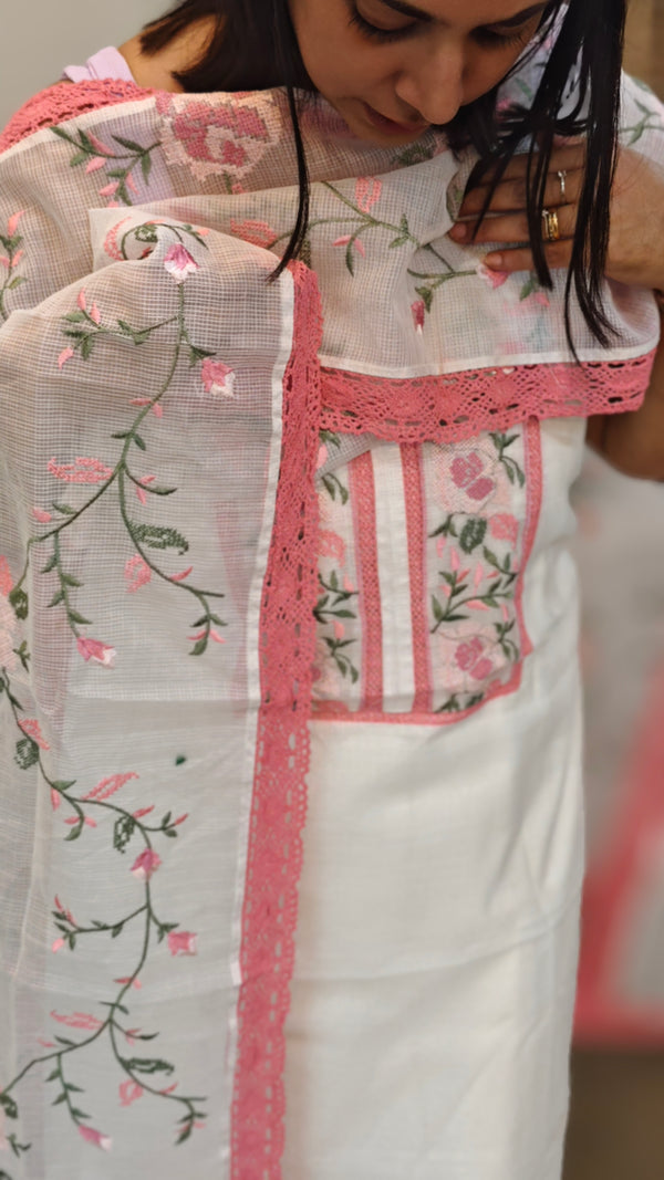 White and pink net kota suit with cross stitch embroidery