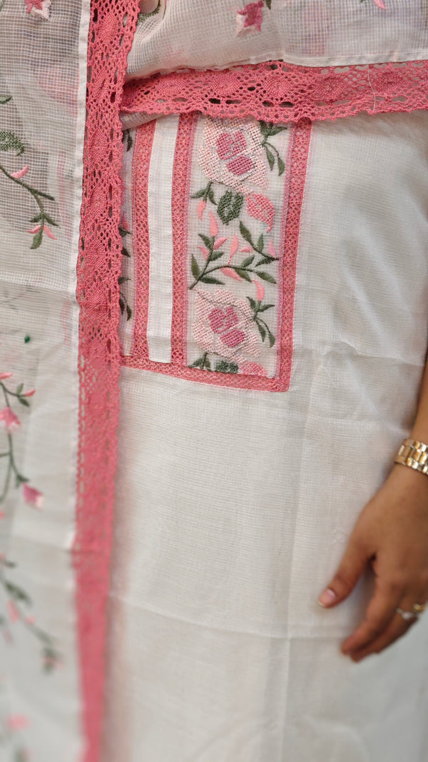 White and pink net kota suit with cross stitch embroidery