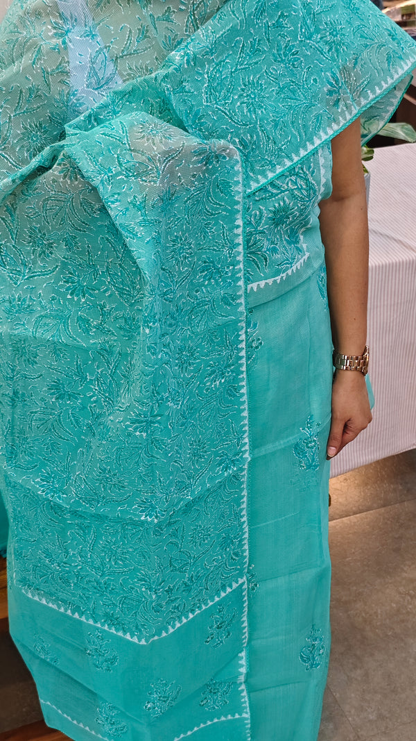Teal block printed net kota suit