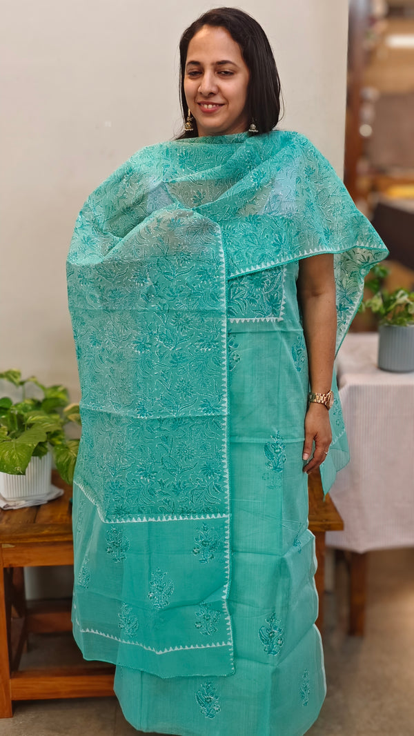 Teal block printed net kota suit