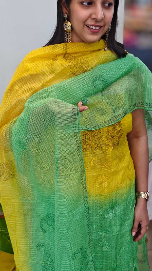 ENK40 - Green and mustard embroidered net kota suit