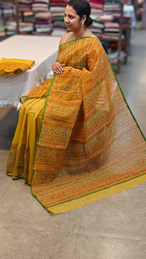 Mustard and green net kota saree