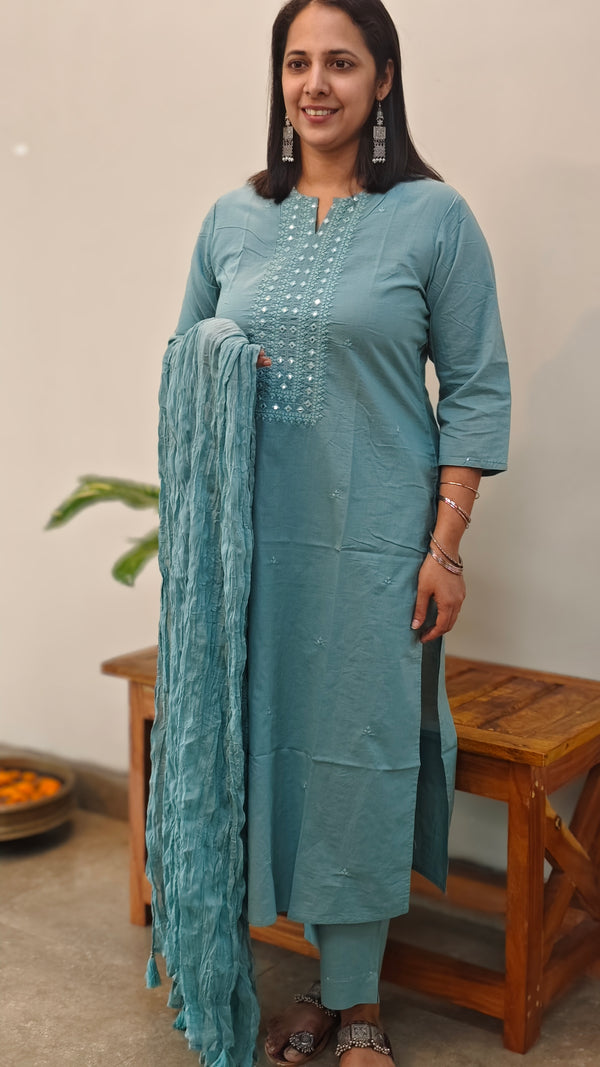 Teal blue cotton kurti set