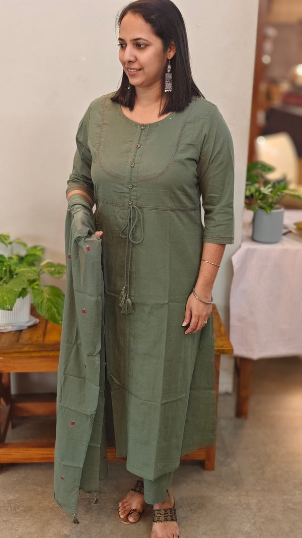Moss green cotton kurti set