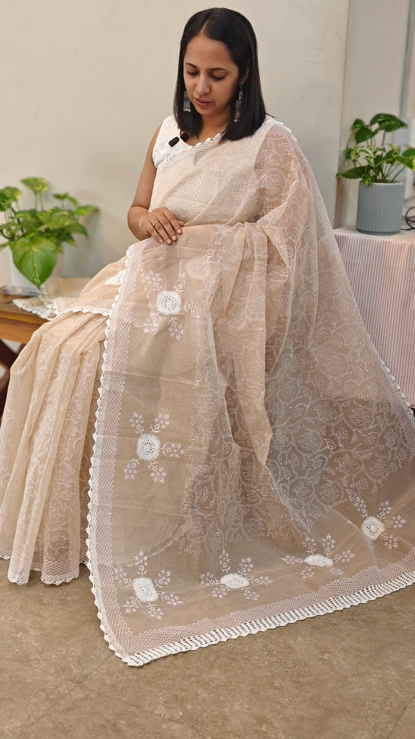 RA51 - Beige block printed net kota crochet saree