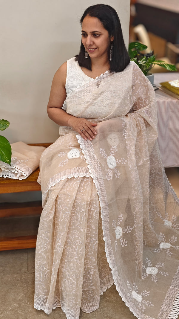 RA51 - Beige block printed net kota crochet saree