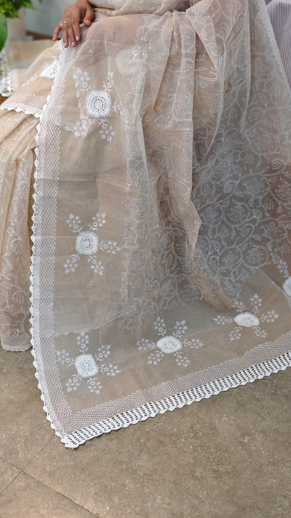 RA51 - Beige block printed net kota crochet saree