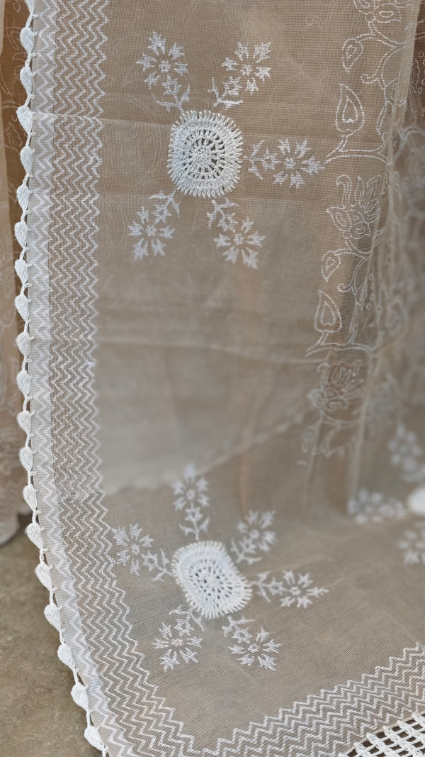 RA51 - Beige block printed net kota crochet saree