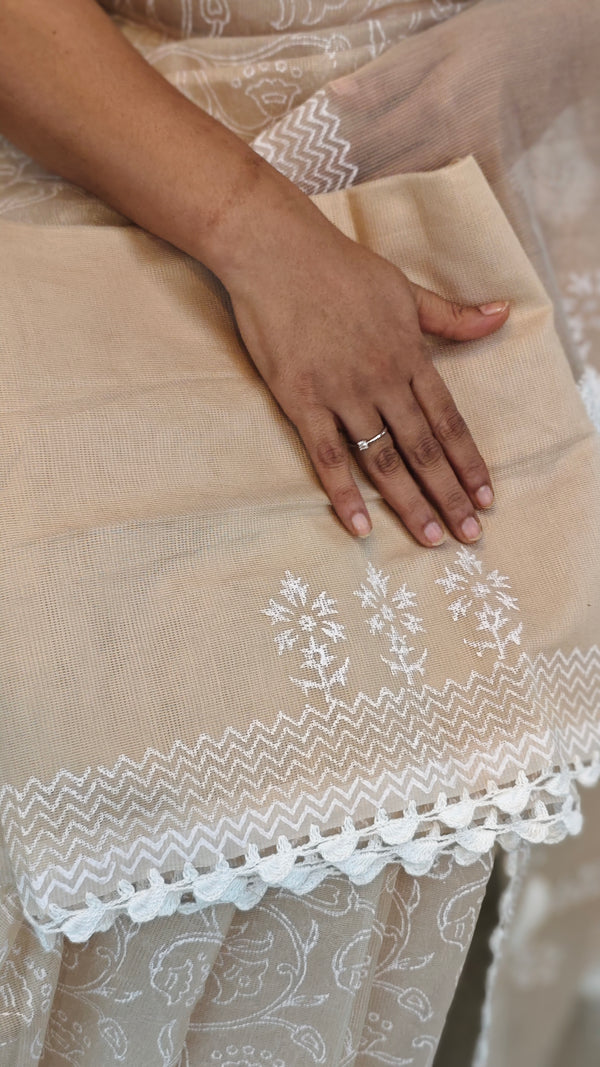 RA51 - Beige block printed net kota crochet saree