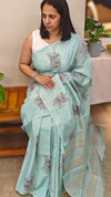 Powder blue moonga tussar saree with cross stitch embroidery