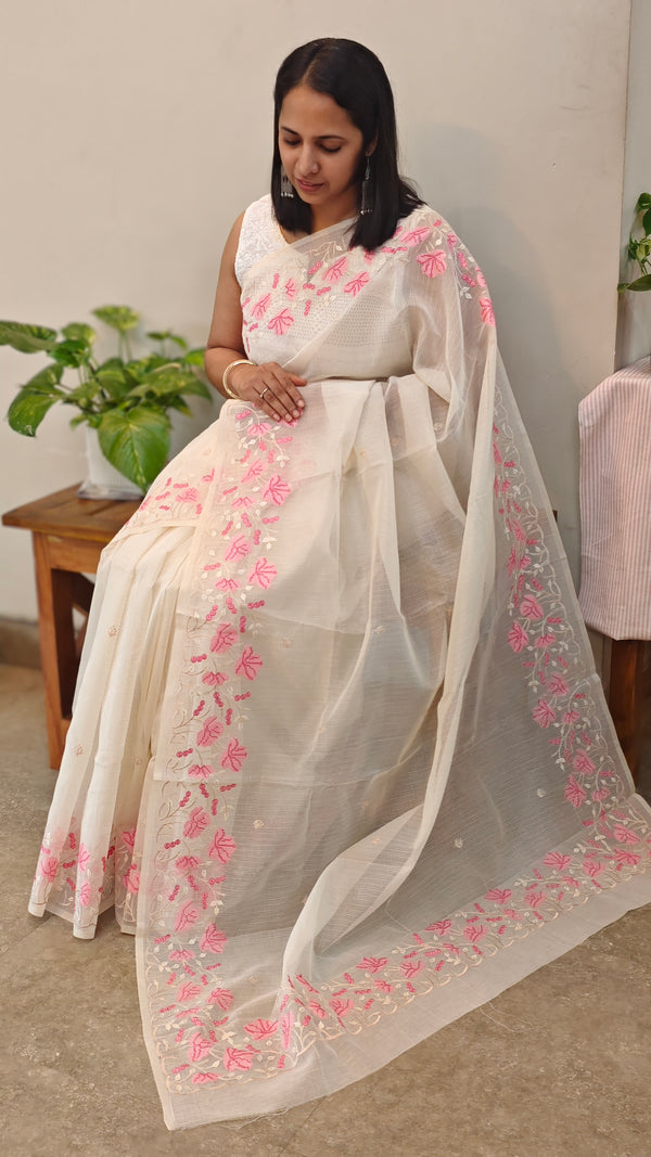 Off white net kota saree with embroidery