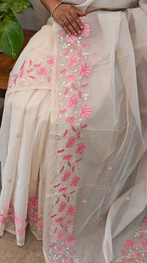 Off white net kota saree with embroidery