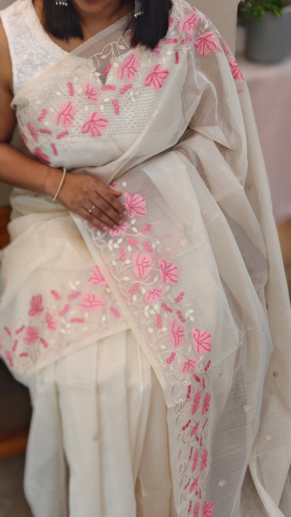 Off white net kota saree with embroidery
