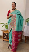 713HH - Teal and dark pink raw silk saree with ikat borders