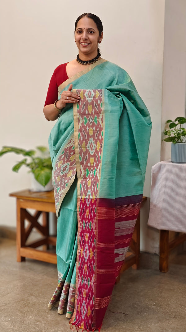 713HH - Teal and dark pink raw silk saree with ikat borders