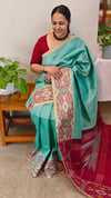 713HH - Teal and dark pink raw silk saree with ikat borders