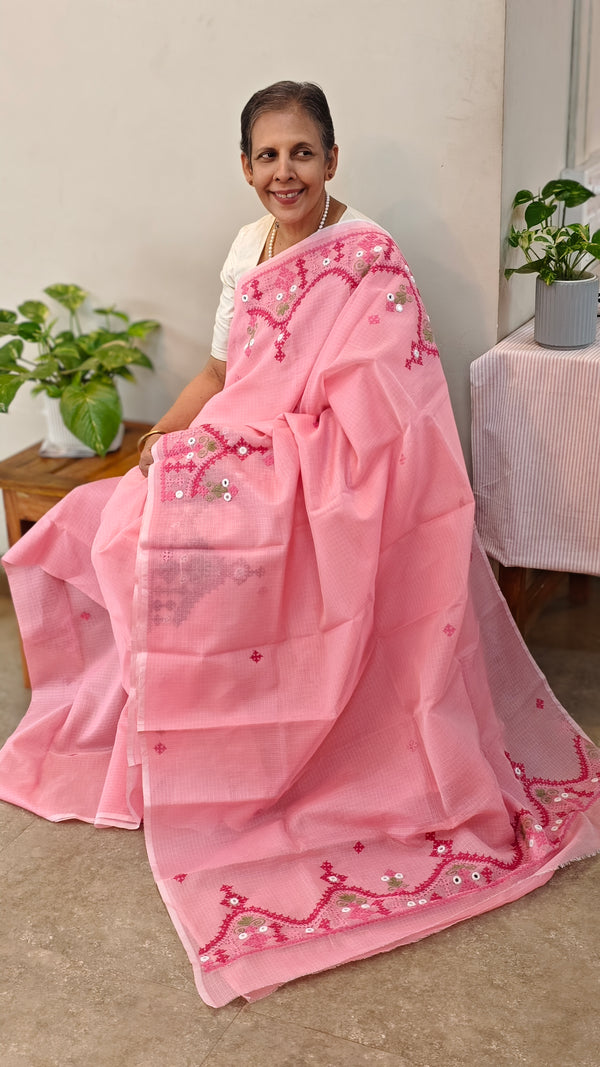 AS32 - Pink Net kota saree with kutch work and mirror work