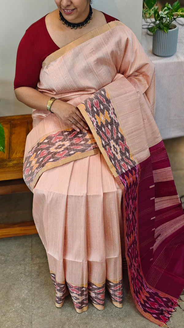 713HH - Light pink and dark pink raw silk saree with ikat borders