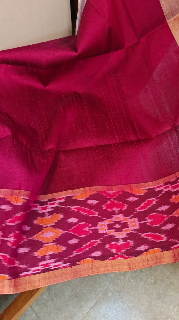 713HH - Teal and dark pink raw silk saree with ikat borders