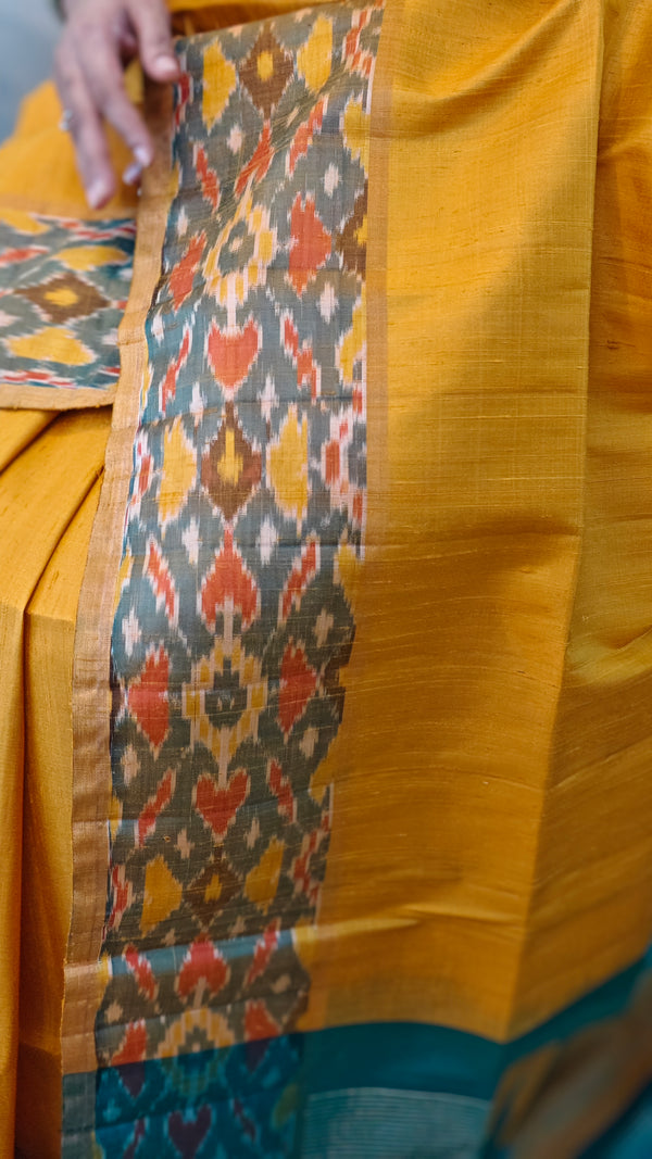 713HH - Golden yellow and green raw silk with ikat borders