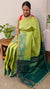 713HH - Light green and dark green raw silk saree with ikat borders