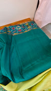 713HH - Light green and dark green raw silk saree with ikat borders